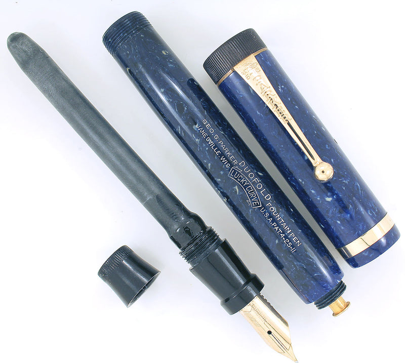 1927 PARKER DUOFOLD SENIOR BLUE LAPIS FOUNTAIN PEN IN RESTORED CONDITION WITH CRISP IMPRINT OFFERED BY ANTIQUE DIGGER