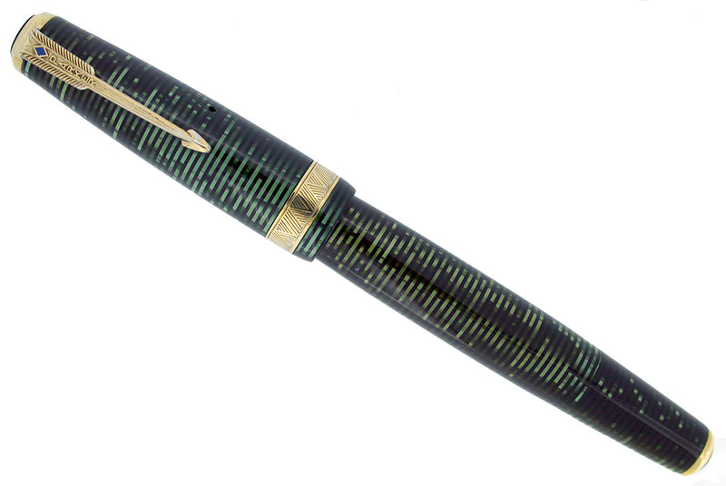 1939 PARKER SENIOR MAXIMA VACUMATIC FOUNTAIN PEN IN EMERALD PEARL CELLULOID STUB NIB RESTORED OFFERED BY ANTIQUE DIGGER