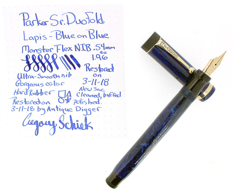 CIRCA 1927 PARKER SENIOR DUOFOLD BLUE ON BLUE LAPIS FOUNTAIN PEN F - BBB FLEX NIB OFFERED BY ANTIQUE DIGGER