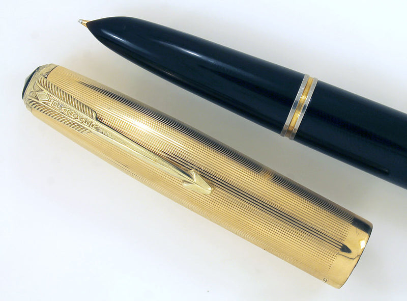 RESTORED 1946 PARKER 51 DOUBLE JEWEL FOUNTAIN PEN WITH 14K DIAMOND CLIP AND BLIND CAP TASSEL