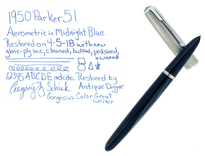 1950 PARKER 51 MIDNIGHT BLUE AEROMETRIC FOUNTAIN PEN RESTORED OFFERED BY ANTIQUE DIGGER