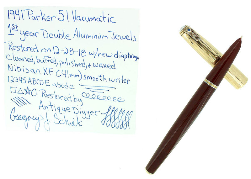 1941 PARKER 51 DOUBLE JEWEL FIRST YEAR CORDOVAN BROWN FOUNTAIN PEN RESTORED OFFERED BY ANTIQUE DIGGER
