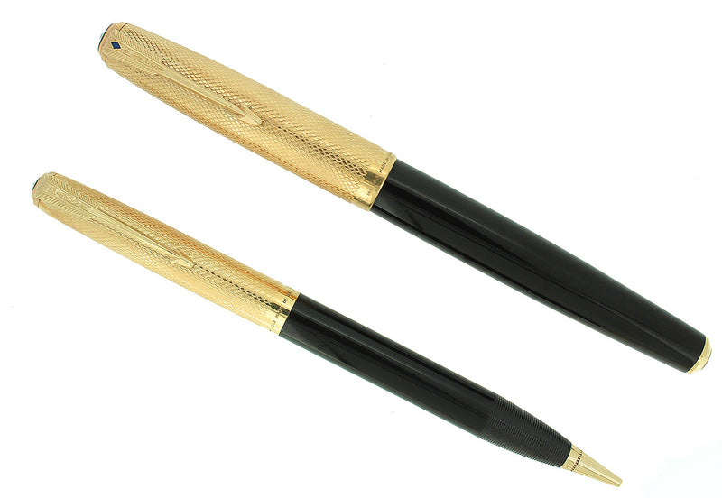 RARE 1946 PARKER 51 SOLID 14K GOLD HEIRLOOM FISHSCALE CAPS FOUNTAIN PEN AND PENCIL SET RESTORED OFFERED BY ANTIQUE DIGGER