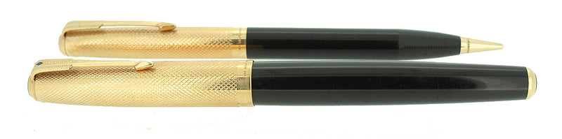 RARE 1946 PARKER 51 SOLID 14K GOLD HEIRLOOM FISHSCALE CAPS FOUNTAIN PEN AND PENCIL SET RESTORED OFFERED BY ANTIQUE DIGGER