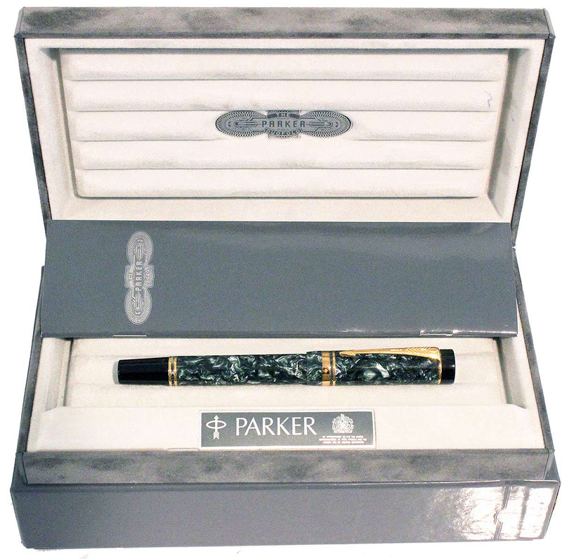 1993 PARKER DUOFOLD INTERNATIONAL GREEN MARBLE FOUNTAIN PEN 18K NIB NEW IN BOX OFFERED BY ANTIQUE DIGGER