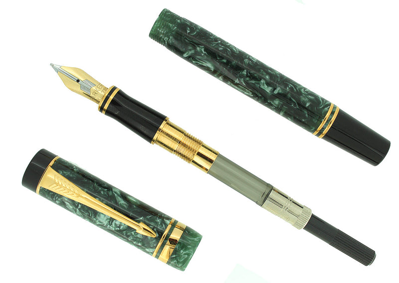 1993 PARKER DUOFOLD INTERNATIONAL GREEN MARBLE FOUNTAIN PEN 18K NIB NEW IN BOX OFFERED BY ANTIQUE DIGGER