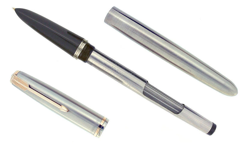 1950 PARKER 51 FLIGHTER AEROMETRIC FOUNTAIN PEN STAINLESS STEEL M NIB RESTORED OFFERED BY ANTIQUE DIGGER