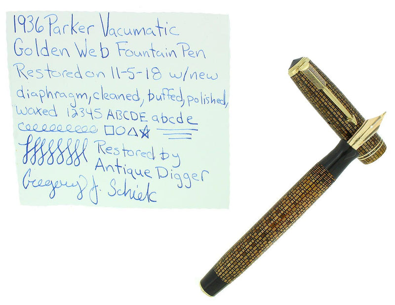 1936 PARKER GOLDEN WEB DOUBLE JEWEL VACUMATIC FOUNTAIN PEN RESTORED OFFERED BY ANTIQUE DIGGER