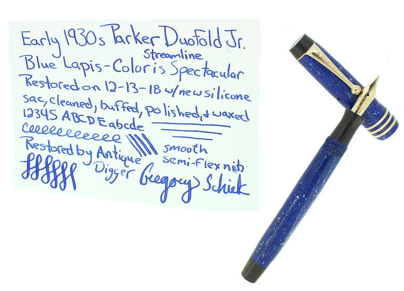 RESTORED CIRCA 1931 PARKER DUOFOLD LAPIS WHITE ON BLUE FOUNTAIN PEN NEAR MINT OFFERED BY ANTIQUE DIGGER