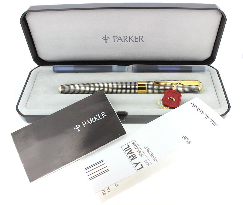 PARKER SONNET CISELE STERLING SILVER FOUNTAIN PEN MEDIUM NIB NEVER INKED NEW IN BOX OFFERED BY ANTIQUE DIGGER