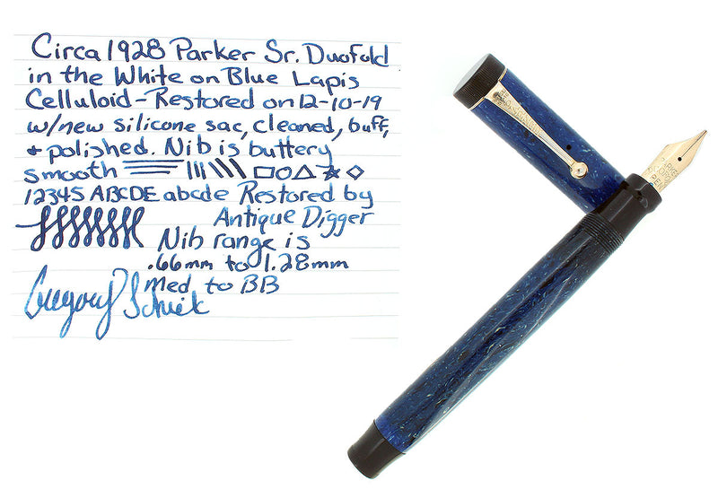 CIRCA 1928 PARKER SR DUOFOLD BLUE ON WHITE LAPIS FOUNTAIN PEN RESTORED OFFERED BY ANTIQUE DIGGER