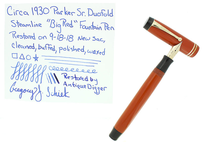 CIRCA 1930 PARKER DUOFOLD SENIOR STREAMLINE RED DUOFOLD FOUNTAIN PEN RESTORED OFFERED BY ANTIQUE DIGGER