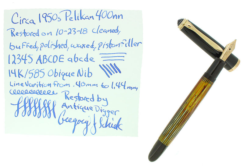 1950S PELIKAN 400NN FOUNTAIN PEN TORTOISE STRIATED CELLULOID OBLIQUE BROAD NIB RESTORED OFFERED BY ANTIQUE DIGGER