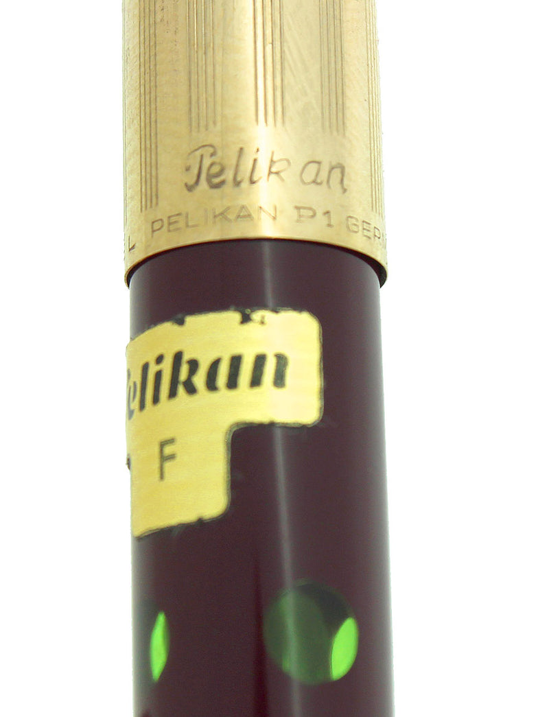 CIRCA 1958 PELIKAN P1 ROLLED GOLD CAP BURGUNDY BARREL FOUNTAIN PEN NOS STICKERED OFFERED BY ANTIQUE DIGGER