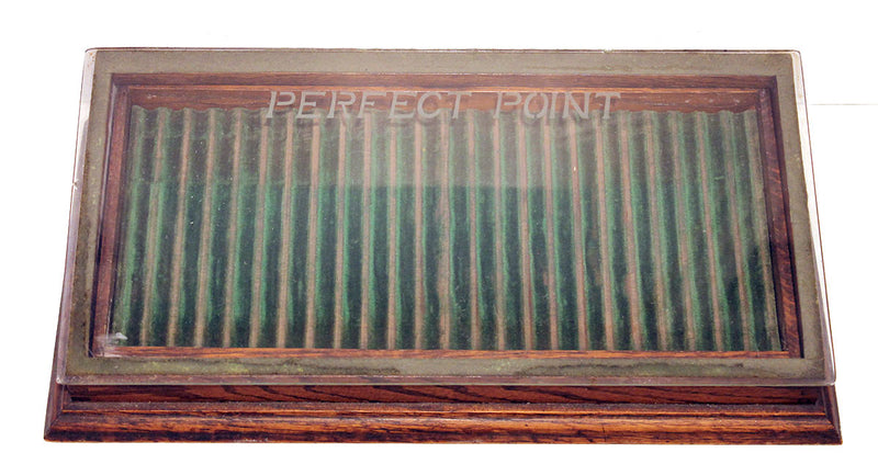 CIRCA 1920s PERFECT POINT FOUNTAIN PEN TABLE TOP ADVERTISING DISPLAY CASE OFFERED BY ANTIQUE DIGGER