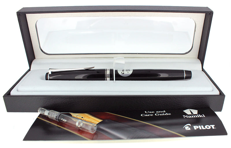 MINT PILOT NAMIKI FALCON 14K BROAD NIB FOUNTAIN PEN BLACK/RHODIUM W/BOX STICKERED OFFERED BY ANTIQUE DIGGER