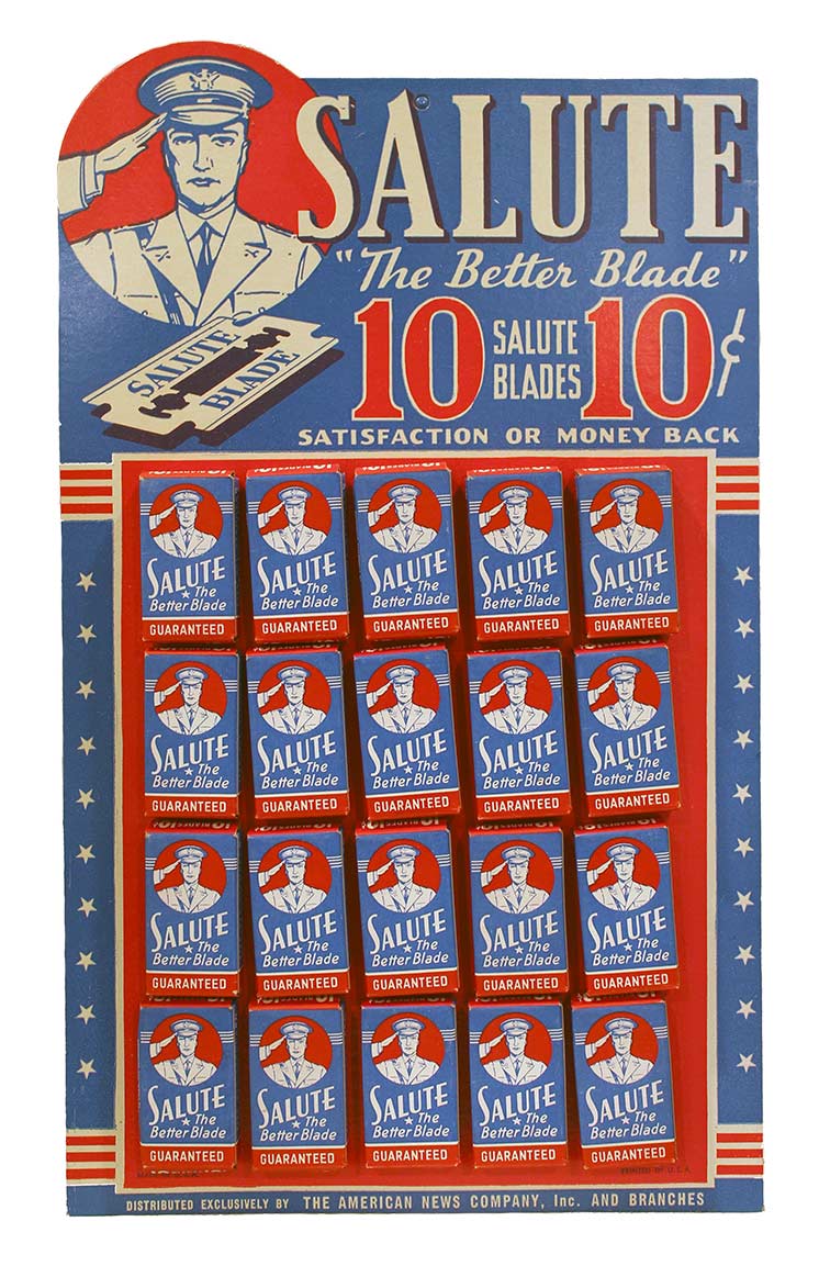 1940s SALUTE THE BETTER BLADE STORE DISPLAY 20 UNUSED BOXES COMPLETE MINT NOS OFFERED BY ANTIQUE DIGGER