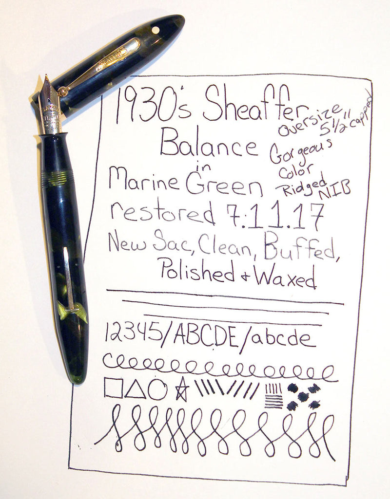 RESTORED CIRCA 1930 SHEAFFER MARINE GREEN OVERSIZE 5 5/8" BALANCE FOUNTAIN PEN OFFER BY ANTIQUE DIGGER