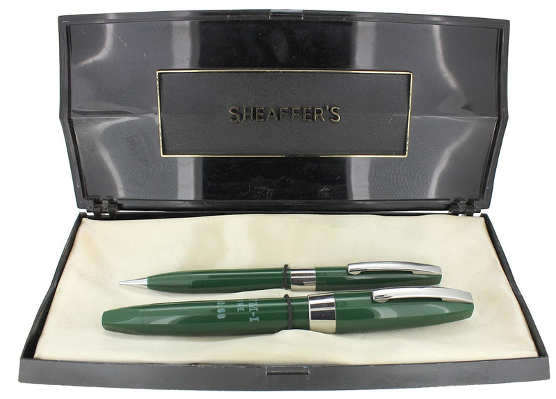 SHEAFFER GREEN PFM I FOUNTAIN PEN & PENCIL SET CHALK MARKED IN ORIGINAL BOX NEW OLD STOCK MINT OFFERED BY ANTIQUE DIGGER