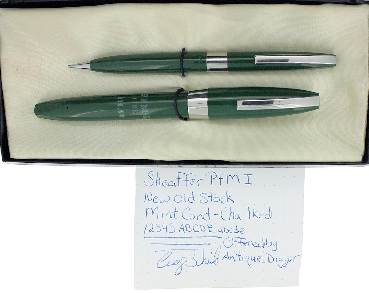 SHEAFFER GREEN PFM I FOUNTAIN PEN & PENCIL SET CHALK MARKED IN ORIGINA