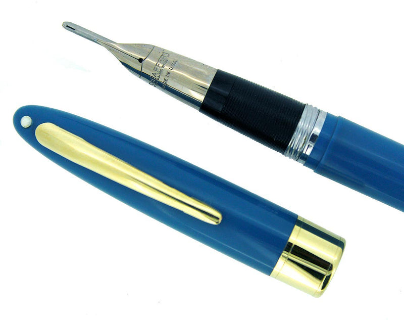 CIRCA 1955 SHEAFFER SNORKEL STATESMAN FOUNTAIN PEN IN PASTEL BLUE AND X4 EXTRA FINE NIB RESTORED OFFERED BY ANTIQUE DIGGER