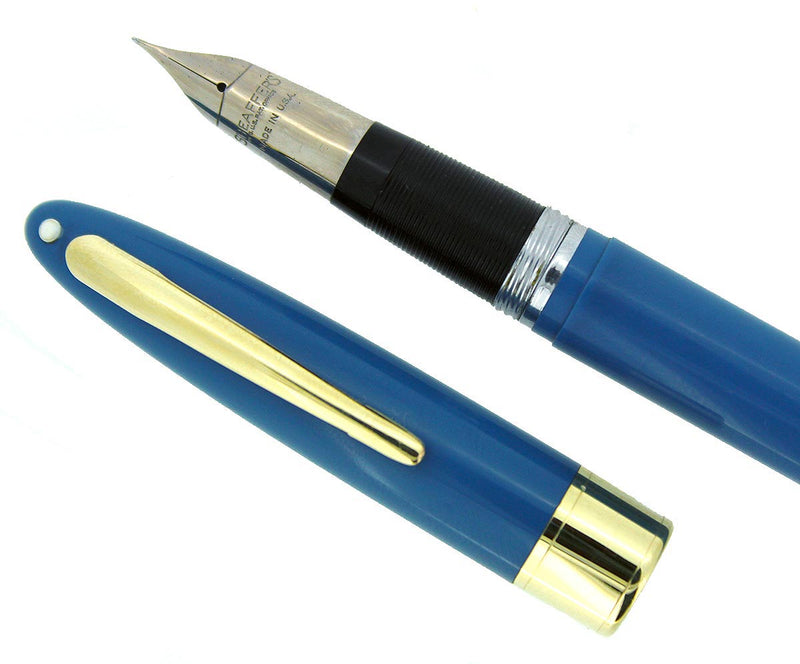 CIRCA 1955 SHEAFFER SNORKEL STATESMAN FOUNTAIN PEN IN PASTEL BLUE AND X4 EXTRA FINE NIB RESTORED OFFERED BY ANTIQUE DIGGER