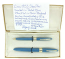 RESTORED CIRCA 1953 SHEAFFER SNORKEL VALIANT PASTEL BLUE FOUNTAIN PEN & PENCIL SET WITH BOX OFFERED BY ANTIQUE DIGGER