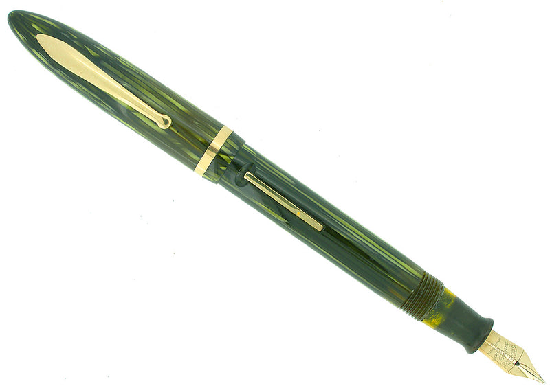 CIRCA 1938 SHEAFFER BALANCE ADMIRAL STRIATED GREEN PEARL FOUNTAIN PEN RESTORED OFFERED BY ANTIQUE DIGGER
