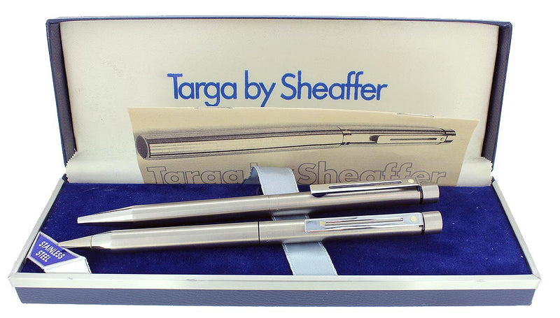 C1980 SHEAFFER TARGA BRUSHED STAINLESS BALLPOINT PEN & PENCIL SET STICKERED NOS OFFERED BY ANTIQUE DIGGER