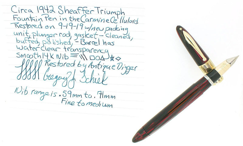 CIRCA 1942 SHEAFFER TRIUMPH CARMINE LIFETIME FOUNTAIN PEN PLUNGER FILL RESTORED OFFERED BY ANTIQUE DIGGER