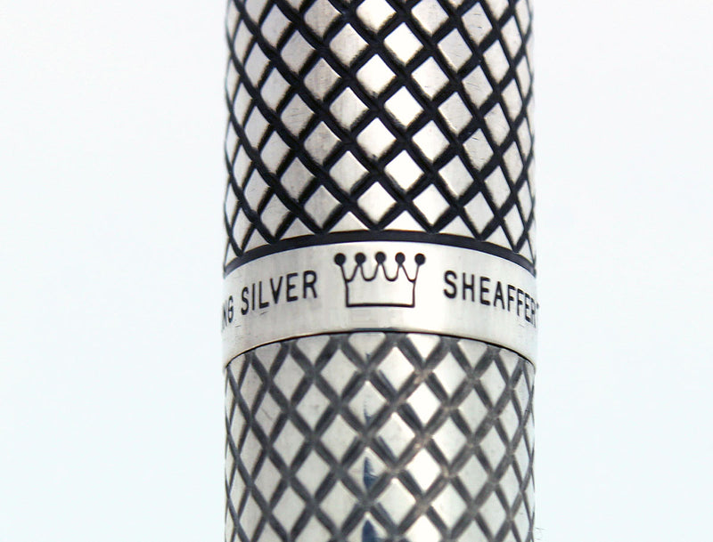 CIRCA 1970-71 SHEAFFER STERLING SILVER IMPERIAL TOUCHDOWN FILLER FOUNTAIN PEN DIAMOND GRID DESIGN RESTORED OFFERED BY ANTIQUE DIGGER