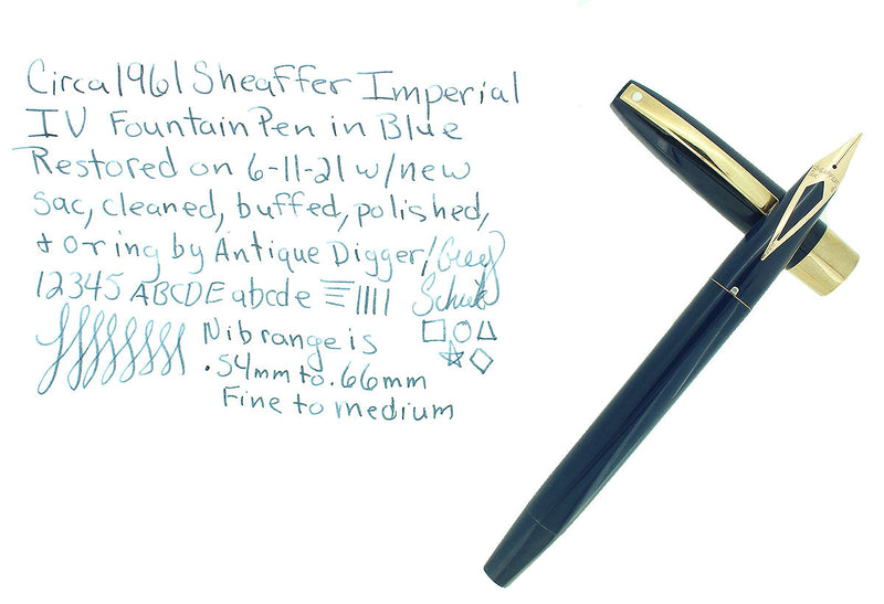 C1961 SHEAFFER BLUE IMPERIAL IV FOUNTAIN PEN TOUCHDOWN FILLER RESTORED OFFERED BY ANTIQUE DIGGER
