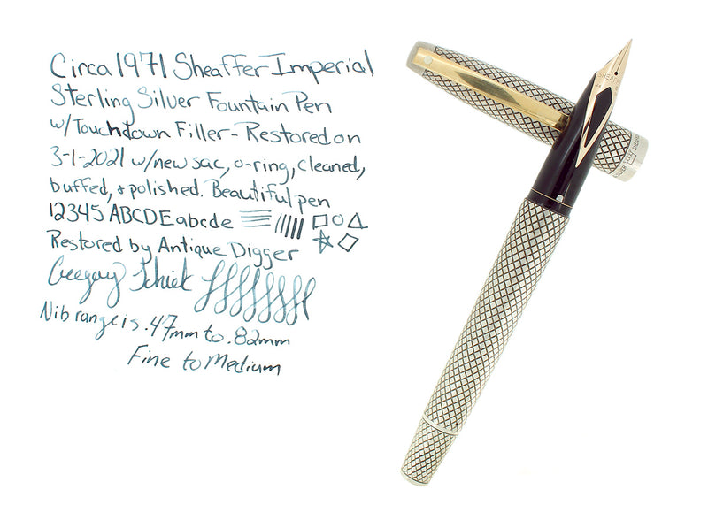1971 SHEAFFER STERLING SILVER IMPERIAL TOUCHDOWN FILLER FOUNTAIN PEN DIAMOND DESIGN RESTORED OFFERED BY ANTIQUE DIGGER