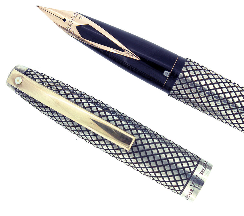 CIRCA 1970 SHEAFFER STERLING SILVER IMPERIAL TOUCHDOWN FOUNTAIN PEN DIAMOND DESIGN RESTORED OFFERED BY ANTIQUE DIGGER