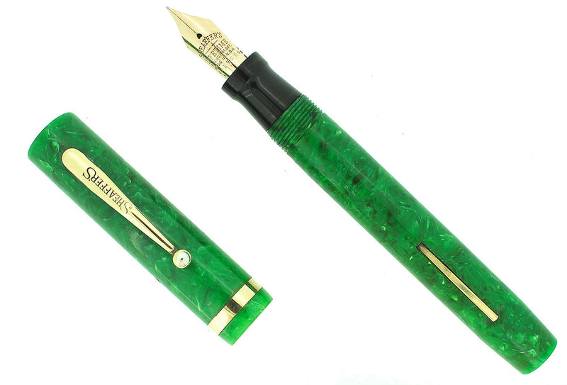 1930S SHEAFFER SENIOR JADE CELLULOID FLAT TOP FOUNTAIN PEN RESTORED OFFERED BY ANTIQUE DIGGER