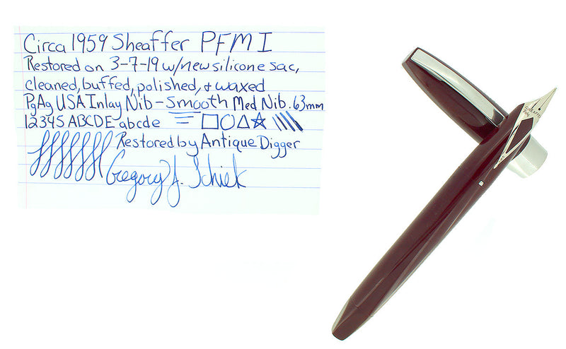 CIRCA 1959 SHEAFFER BURGUNDY PFM I PEN FOR MEN FOUNTAIN PEN SMOOTH MED NIB RESTORED OFFERED BY ANTIQUE DIGGER