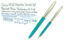CIRCA 1953 SHEAFFER PEACOCK BLUE SENTINEL SNORKEL FOUNTAIN PEN AND PENCIL SET RESTORED OFFERED BY ANTIQUE DIGGER
