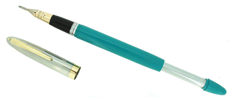 CIRCA 1953 SHEAFFER PEACOCK BLUE SENTINEL SNORKEL FOUNTAIN PEN AND PENCIL SET RESTORED OFFERED BY ANTIQUE DIGGER