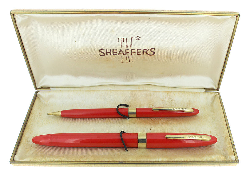 SCARCE C1952 SHEAFFER VERMILLION SNORKEL FOUNTAIN PEN AND PENCIL SET RESTORED OFFERED BY ANTIQUE DIGGER