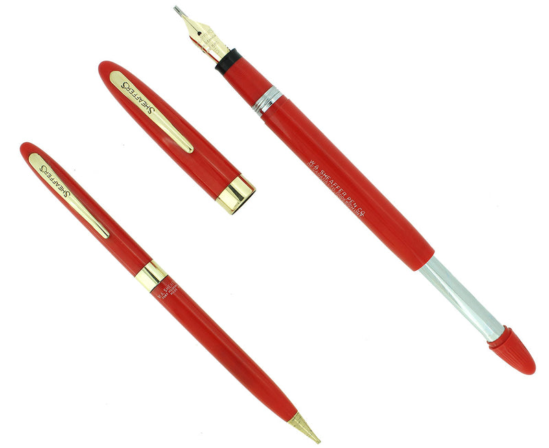 SCARCE C1952 SHEAFFER VERMILLION SNORKEL FOUNTAIN PEN AND PENCIL SET RESTORED OFFERED BY ANTIQUE DIGGER