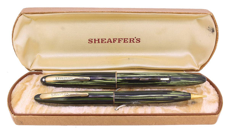 STICKERED CIRCA 1940S SHEAFFER TRIUMPH SOVEREIGN II FOUNTAIN PEN & PENCIL SET MINT NOS OFFERED BY ANTIQUE DIGGER
