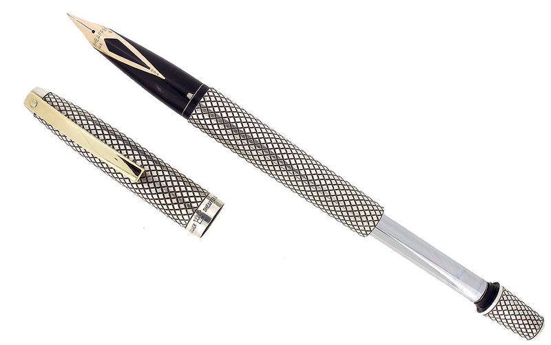 CIRCA 1970 SHEAFFER STERLING SILVER IMPERIAL TOUCHDOWN FOUNTAIN PEN DIAMOND GRID DESIGN RESTORED OFFERED BY ANTIQUE DIGGER
