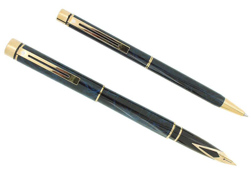 C1996 SHEAFFER TARGA LAQUE COBALT BLUE RONCE FINE NIB FOUNTAIN PEN & BALLPOINT SET MINT OFFERED BY ANTIQUE DIGGER