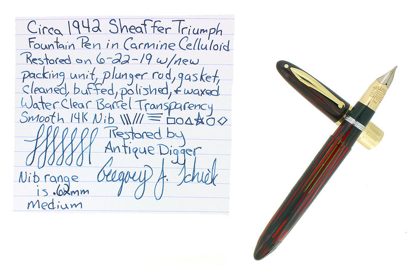 CIRCA 1942 SHEAFFER TRIUMPH CARMINE LIFETIME FOUNTAIN PEN PLUNGER FILL RESTORED OFFERED BY ANTIQUE DIGGER
