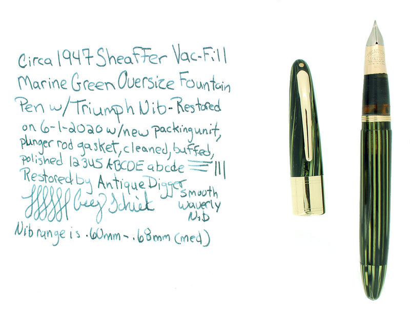 CIRCA 1947 SHEAFFER TRIUMPH VALIANT MARINE GREEN OVERSIZE FOUNTAIN PEN RESTORED OFFERED BY ANTIQUE DIGGER