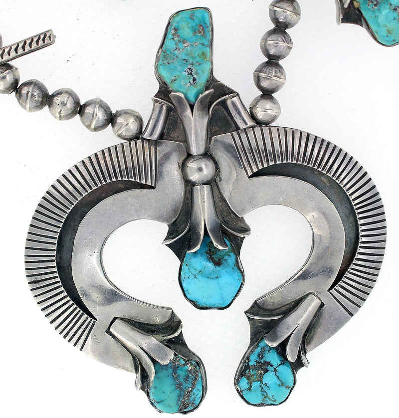 CIRCA 1940s OLD PAWN STERLING SILVER TURQUOISE SQUASH BLOSSOM NECKLACE OFFERED BY ANTIQUE DIGGER