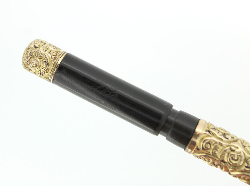 C1906 MABIE TODD SWAN FOUNTAIN PEN GOLD OVERLAY SNAIL PATTERN OVER UNDER FEED OFFERED BY ANTIQUE DIGGER