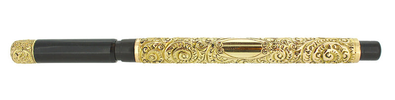 C1906 MABIE TODD SWAN FOUNTAIN PEN GOLD OVERLAY SNAIL PATTERN OVER UNDER FEED OFFERED BY ANTIQUE DIGGER