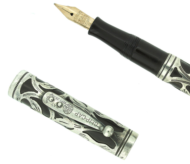 CIRCA 1919 WATERMAN 452 STERLING TREFOIL VINE FOUNTAIN PEN XF - BBB FLEX NIB RESTORED OFFERED BY ANTIQUE DIGGER