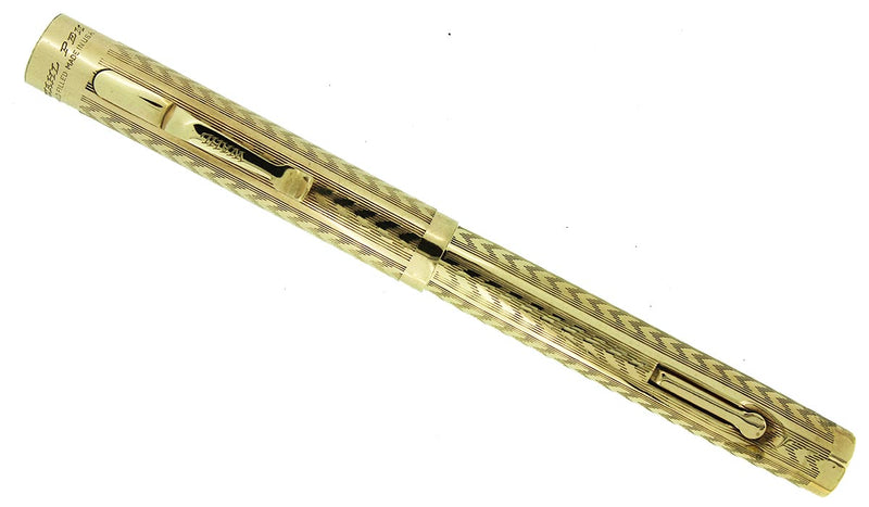 CIRCA 1924 WAHL GOLD FILLED CHEVRON PATTERN FOUNTAIN PEN F-BBB+ FLEX NIB RESTORED OFFERED BY ANTIQUE DIGGER